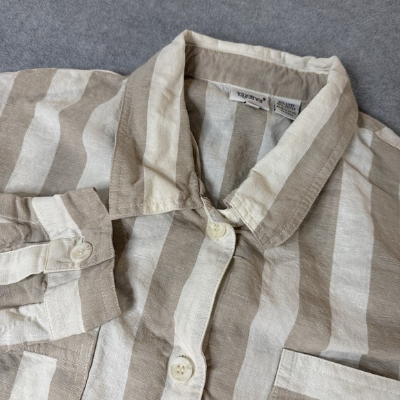 Together Tops - Together Linen Blend Button Front Shirt Womens Large Beige White Stripe Long Sl‎